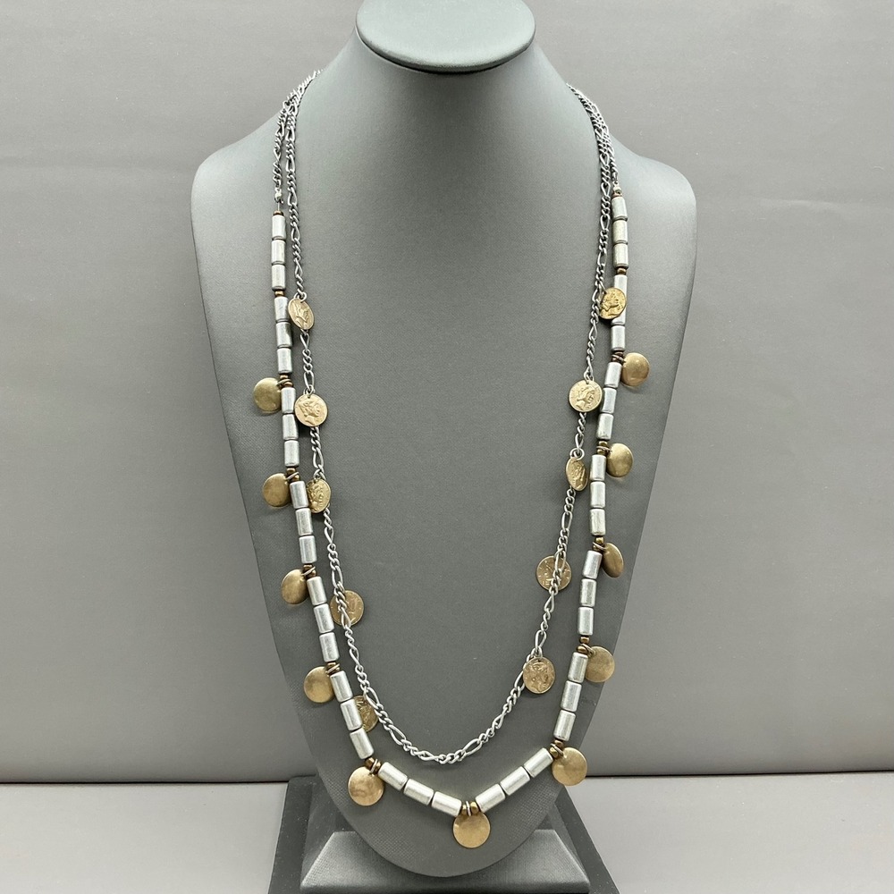 Chico's Necklace Women Silver Gold Coin Bead Layered Long Boho Statement Jewelry